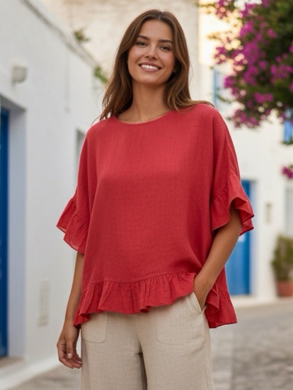 Terzo Millennio Made in Italy Red Linen Cotton Ruffle Hem Top Sz L/L Lagenlook